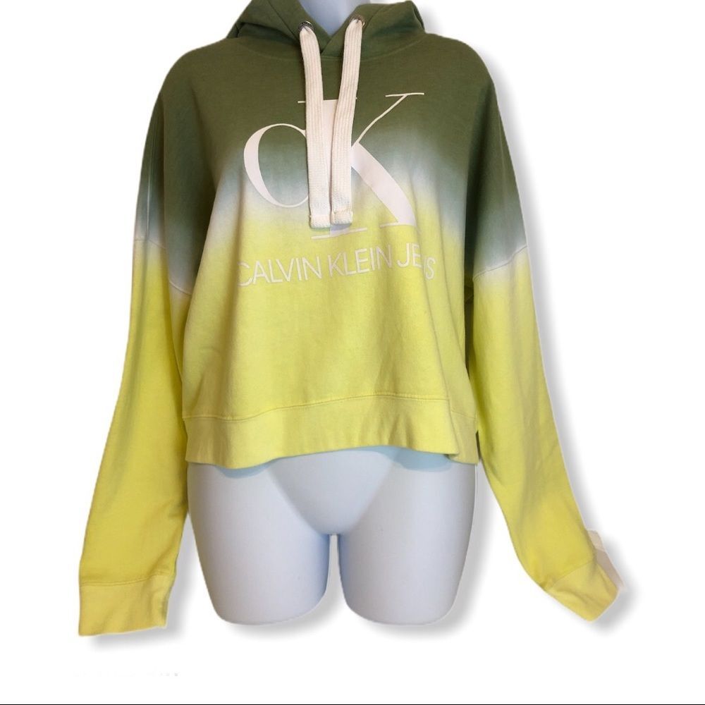 Calvin Klein Jeans Tie dye ombre cropped hoodie Large NWT yellow green pullover